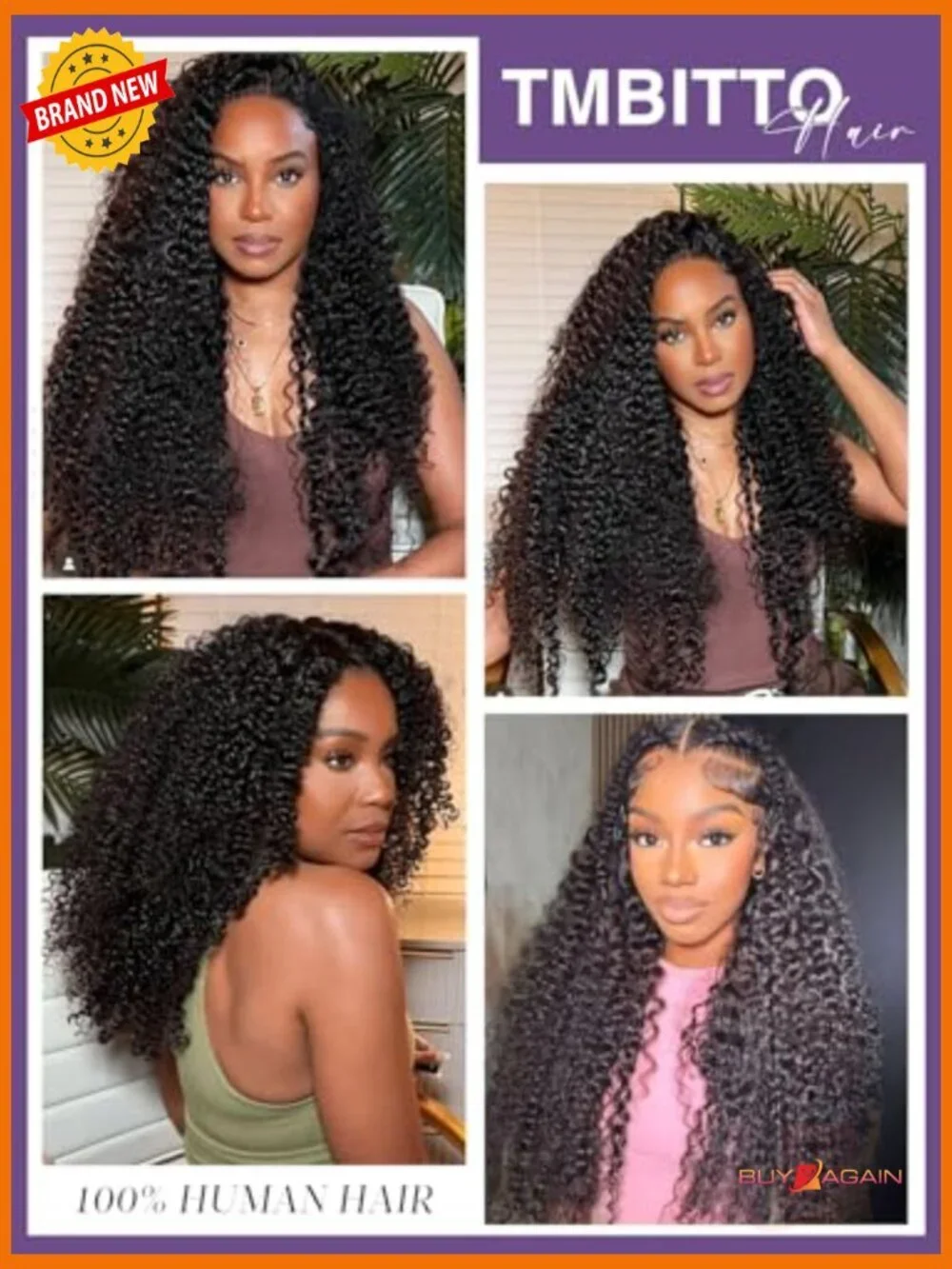 V Part Curly Wig Human Hair 20in Glueless Full Head Clip In 180 Density